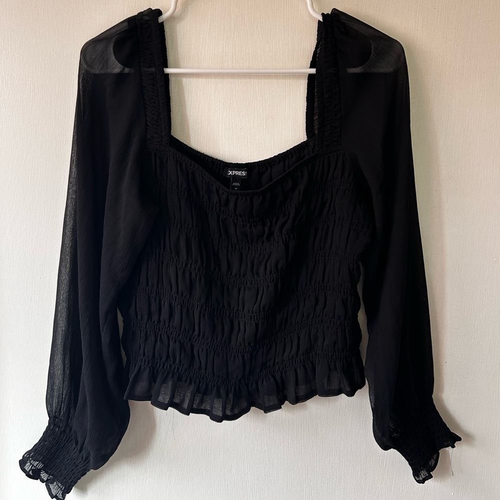 Express Elegant Black Smocked Blouse